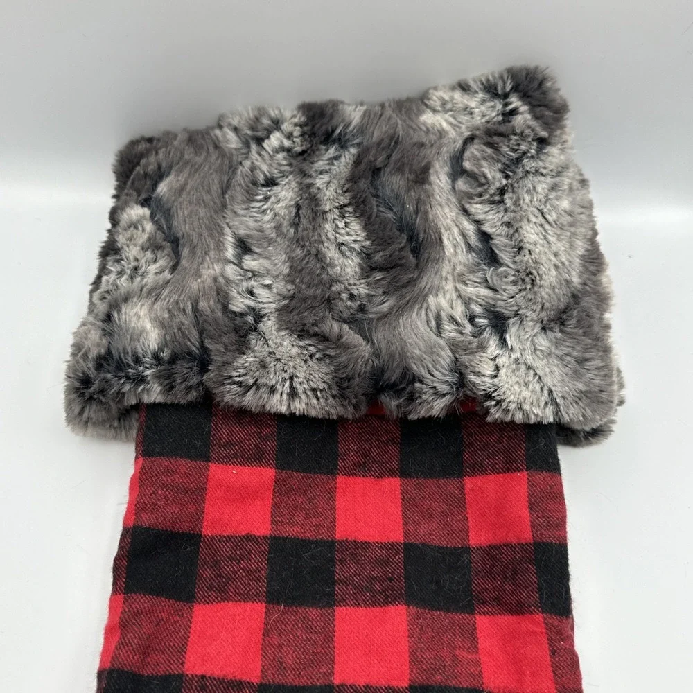Large Red & Black Checker Plaid‎ Woven Stocking With Faux Fur Collar